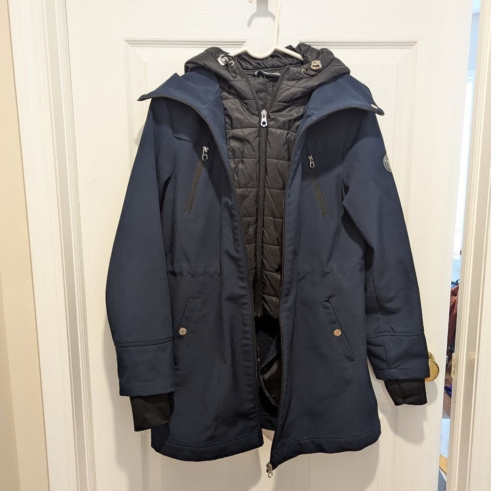 Nautica Gorpcore Navy Blue Nylon Fit & Flare Coat Jacket With Black Puffer Hood